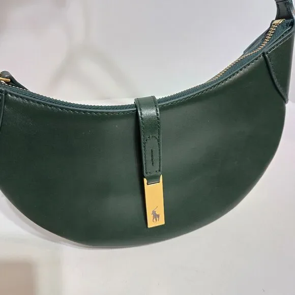 POLO RALPH LAUREN ID Leather Shoulder Bag Racing Green Gold small Crescent Purse - Picture 5 of 12